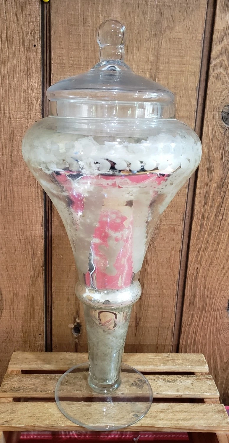 Vintage XL Footed Mercury Glass Antiqued French Apothecary Jar Urn w/Lid 16"