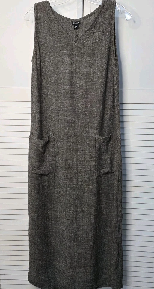 Eileen Fisher S Maxi Dress Black Tweed Sleeveless Linen Blend Lagenlook V-Neck - Image 2 of 4