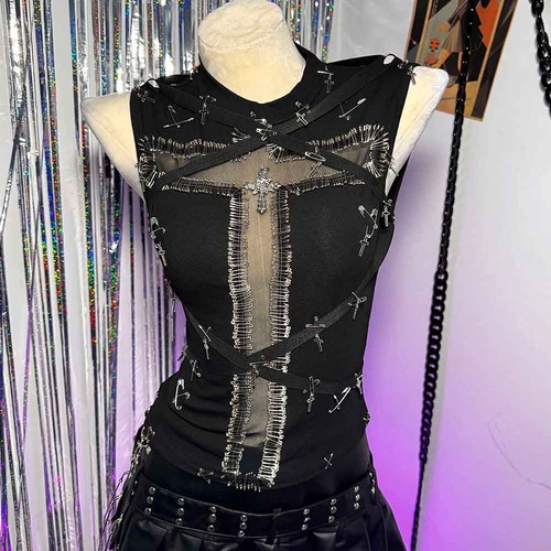 Spilla incrociata carro armato gotico E-Girls Goth Grunge Y2K TOPS emo Harajuku punk rock - Foto 10 di 13
