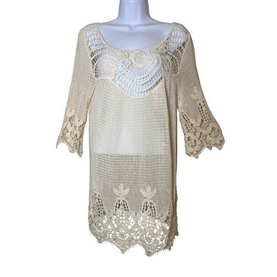 XCVI Cream Crochet Lace Mini Dress Tunic Top Boho Festival Size S Beach Pool