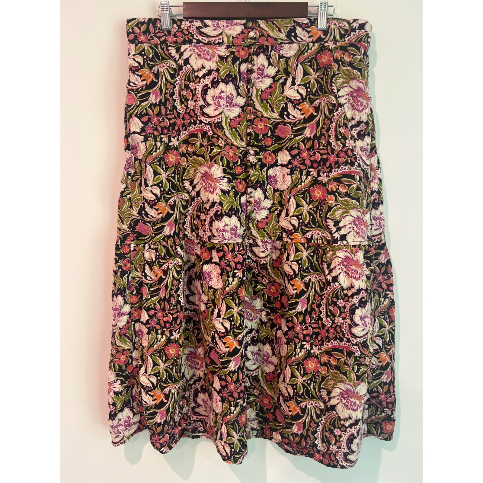 Joie Womens XL Boho Peasant Floral Paisley Linen Tiered Midi Skirt Pink Green