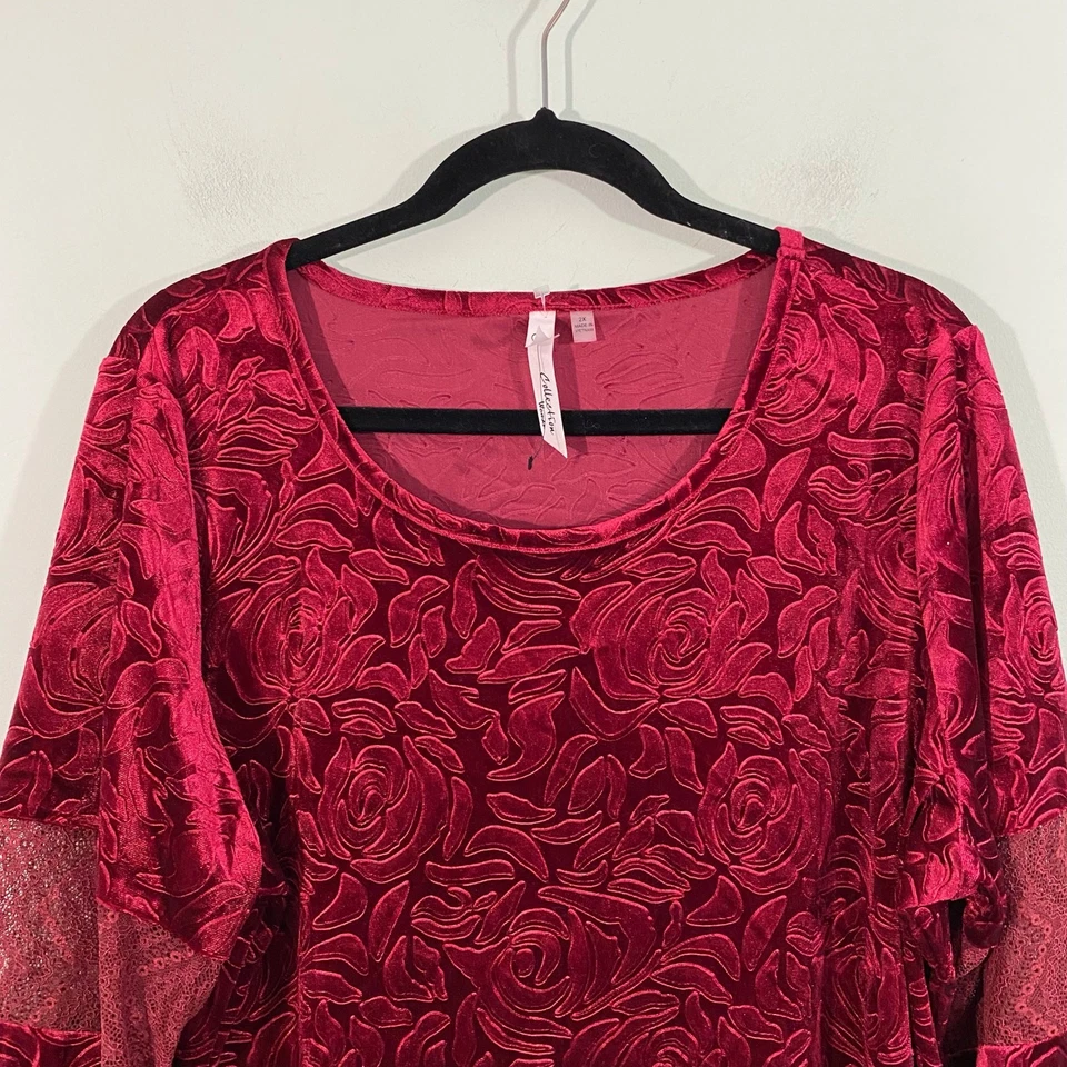 Blusa mujer NY Collection terciopelo rojo mangas campana dobladillo asimétrico talla 2X Foto 2 de 4