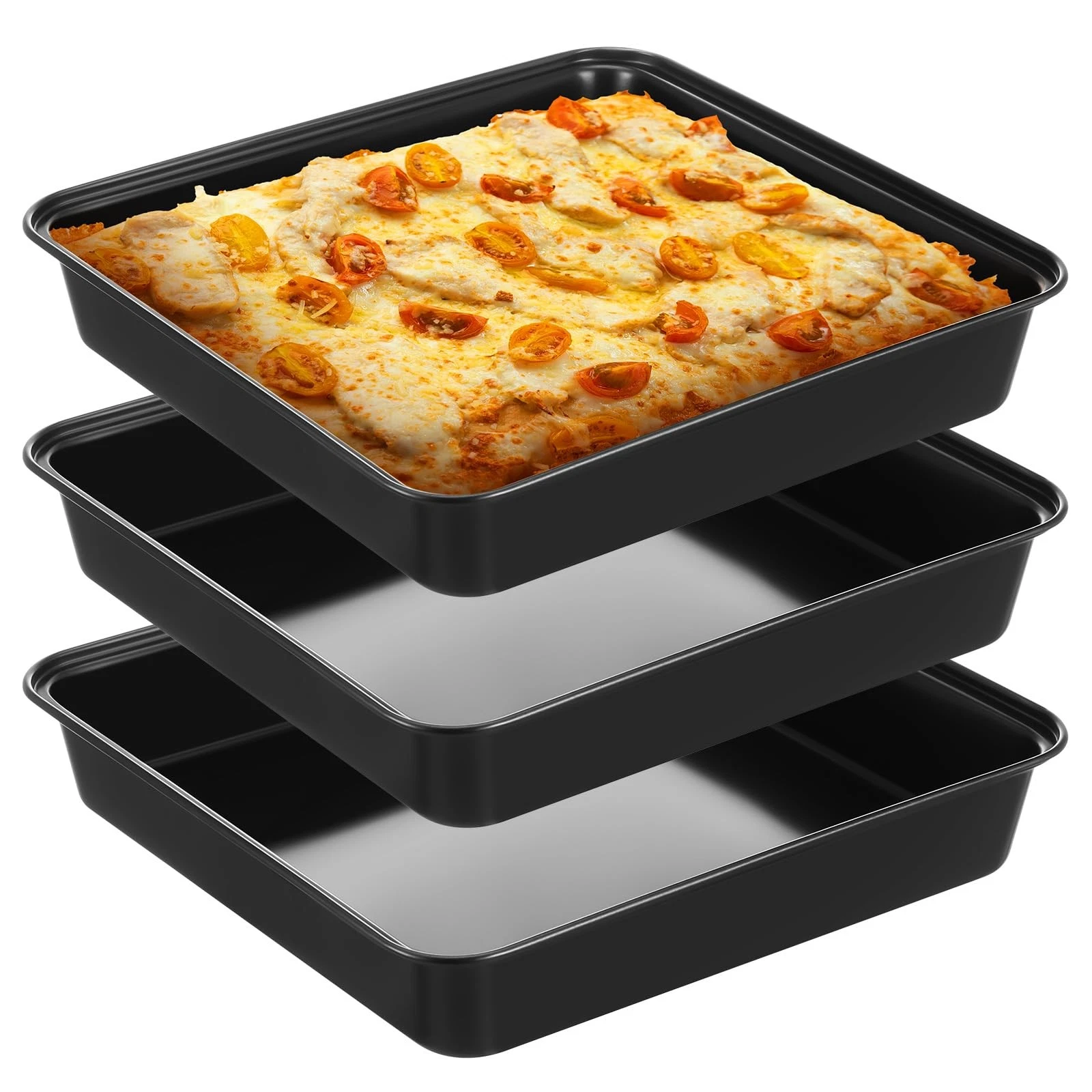 3 Pcs Detroit Style Pizza Pan 10 x 10 x 1.8 Inch Non Stick Rectangle Deep Piz...