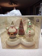 Christmas Holiday Salt & Pepper Shaker Set Santa Snowman w/ Tree & Stand