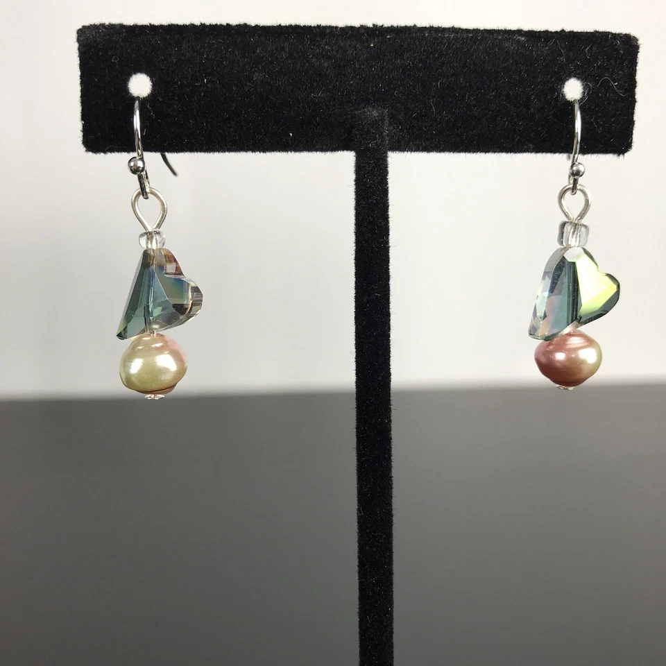 Heart Shape Bead Stone Dangle With Cultured Pink Pearl Earrings  Surgical Steel - Image 2 of 4