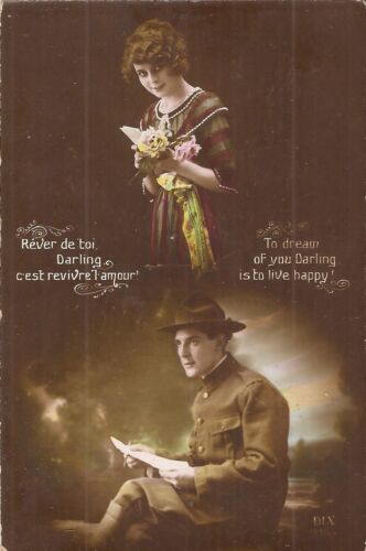 HAND COLORED - FRENCH ROMANCE - WWI US Army Soldier to Girl Back Home - 1919 - 第 1/2 張圖片