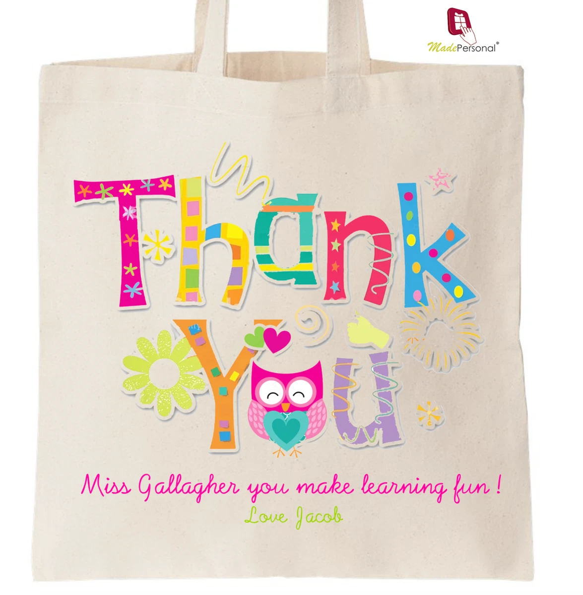 PERSONALISED Thank You Teacher School Gift Cotton Tote Bag- Owl Design-  Large