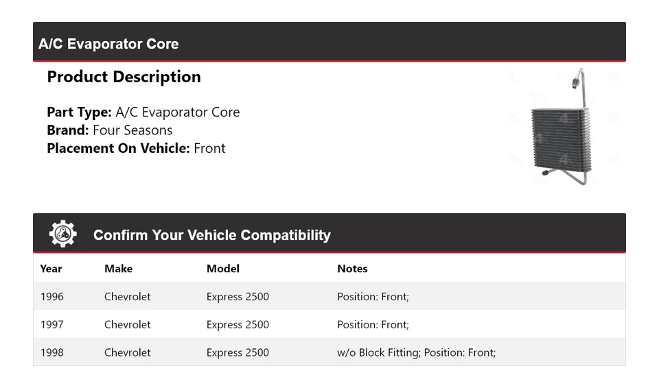 For 1996-1998 Chevrolet Express 2500 A/C Evaporator Core Front 4 Seasons 1997 - Image 2 of 4