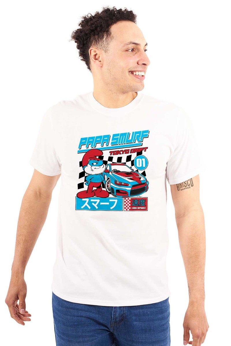 Papa Smurf Kanji Tokyo Drift Racecar Driver Mens Casual Crewneck T