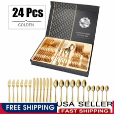 24Pcs Flatware Set Knife Fork Spoon Home Tableware Cutlery Sets Stainless Steel