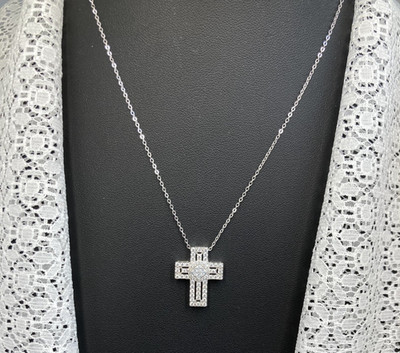 Vintage Damiani Belle Epoque Style Sterling Silver Cross CZ Necklace 925 18''