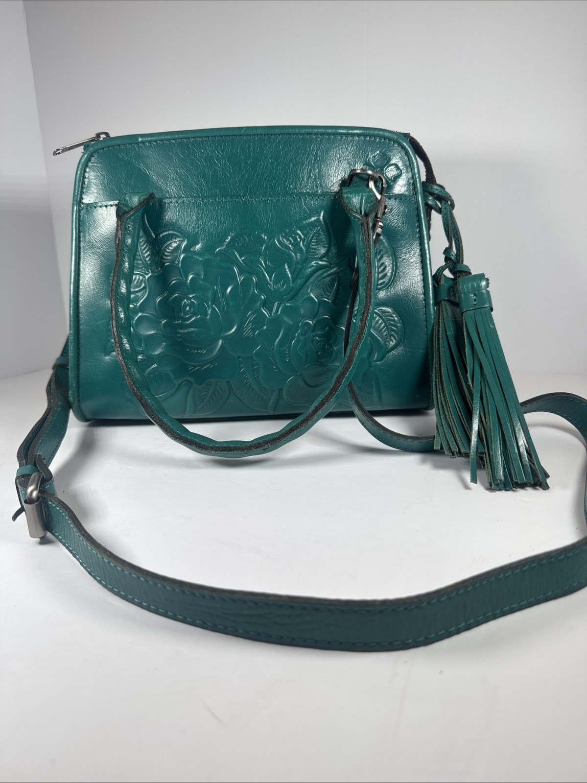 Patricia Nash Floral Hand Tooled Paris Teal Leather Satchel/Top Handle Bag EUC
