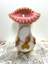Antique Stevens & Williams Peachblow Art Glass Vase Victorian Applied Leaves