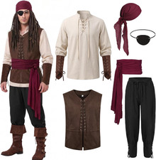 Men's Pirate Costume Set Six Piece Renaissance Medieval Halloween Cosplay Outfit