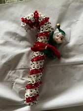 Vintage Whimsical Elf On A  Sequinned Beaded Candy Cane Christmas Ornament