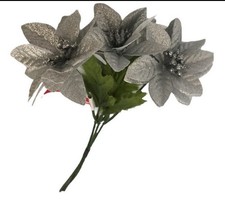 1 Bush, 13" Silver Sparkling Christmas, 3 stems 3" Artificial Poinsettia Flowers