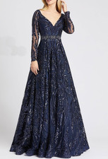  598 Mac Duggal Size 10 Gown Navy Damask Sequin Beaded Waist Maxi Long Dress