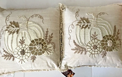World Market Embroidered Pumpkin Decorative Square Pillows 18” x 18" Set of 2 - Image 1 of 4