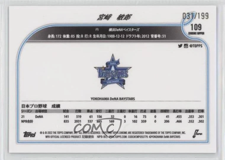 2022 Chrome NPB Nippon Professional Baseball Aqua Refractor Toshiro Miyazaki - Image 2 of 2