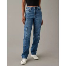 American Eagle Super Baggy Cargo Jeans High Rise Blue Denim Size 2