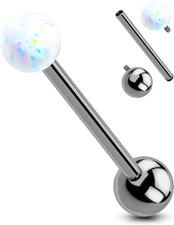 Titanium Tongue Rings - White Opal Tongue Jewelry, Internally Threaded, Straight