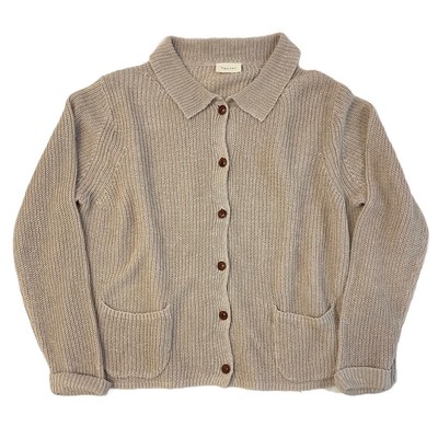 $225 NWT Poetry Délavé Pale Sand Linen Collared Knitted Cardigan Womens US 14