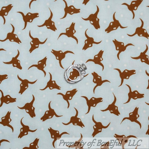 BonEful Fabric FQ Cotton Quilt Blue White Brown Texas Longhorn Skull Head Cowboy - Picture 14 of 14
