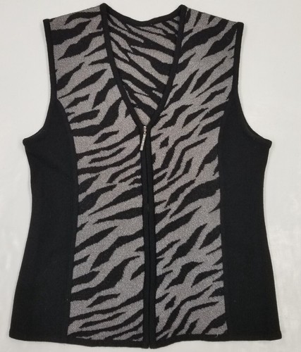 Maglione Vintage Canotta Maglia Stretta Scollo V Zip Nero Argento Stampa Animalier Wms Medium - Foto 1 di 15