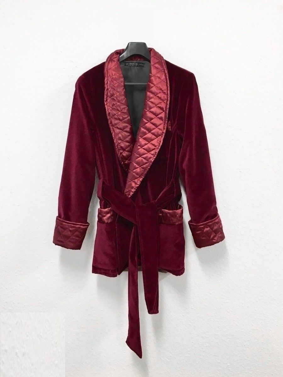 Mens Quilted Red Smoking Jacket Party Wear Robe de Chambre Dinner Blazer  Coats