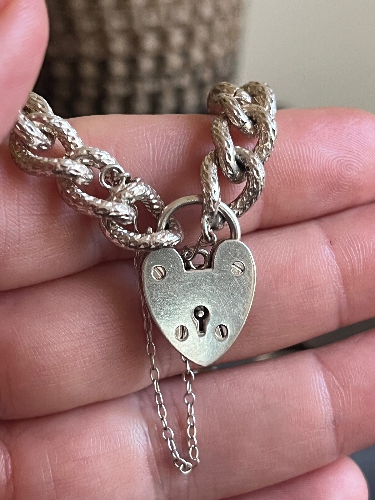 Vintage Solid Link Patterned Sterling Silver Hear… - image 4