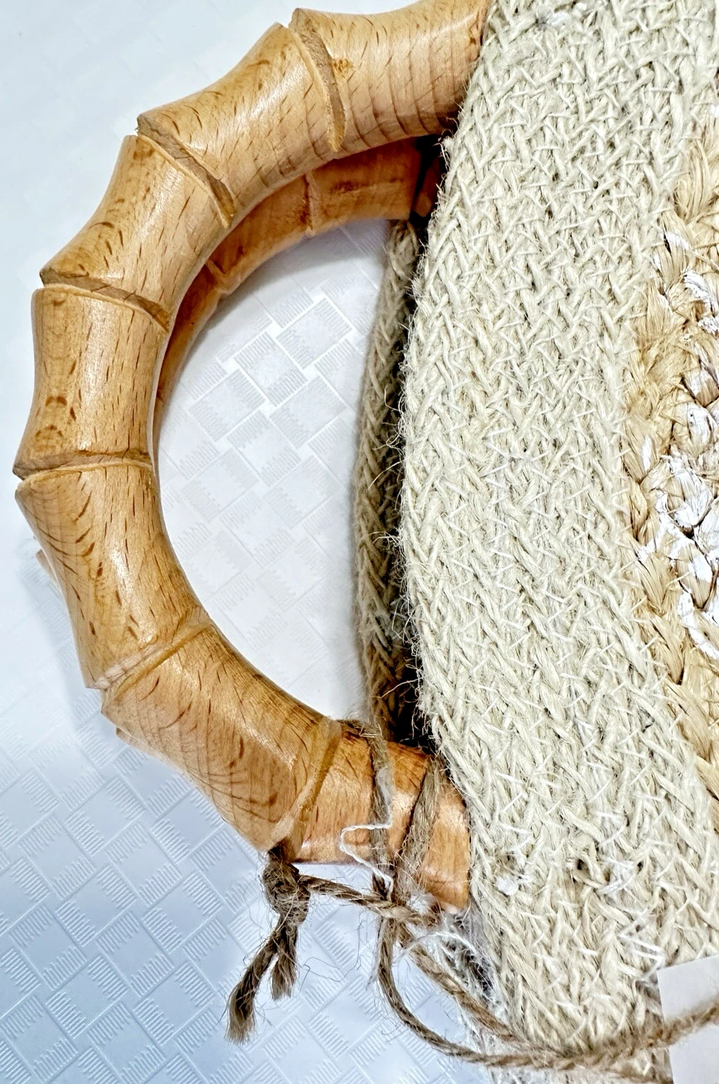 MEDEA BORSA A MANO NUOVA CON ETICHETTE ANTICA TESSUTO KRAFT MANICO BAMBÙ TOTE DESIGN MEZZO CERCHIO