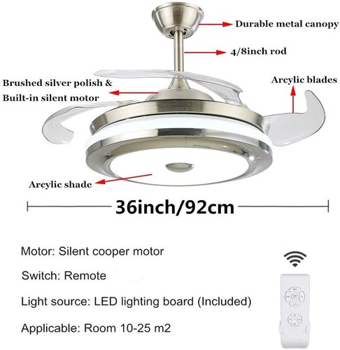 36" Invisible Ceiling Fan Light Dining Room Chandelier LED Pendant Lamp Fixtures - Picture 8 of 10