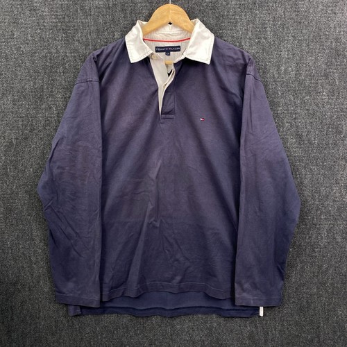 Tommy Hilfiger Mens Large Long Sleeve Rugby Polo Shirt Navy Logo 85 Faded