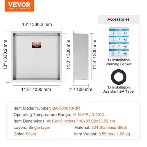 VEVOR Doccia Nicchia Incasso a Parete in Acciaio Inox 33x33cm 2 Ripiani da Bagno - Imagen 7 de 12