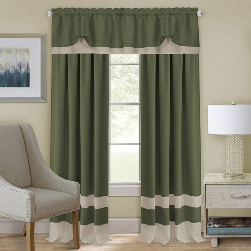 Green/Beige Modern Two-Tone Window Curtains Panel Tiers Kitchen or Home - Picture 4 of 8