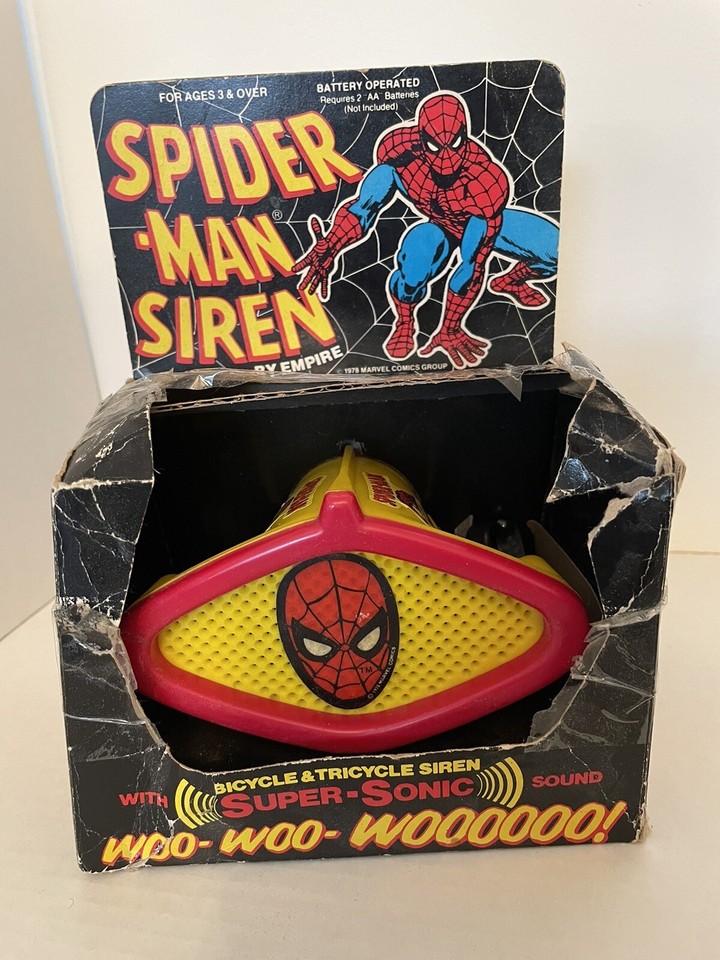 A 1978 Spider-Man Super Siren toy — a blaring, camp piece of Marvel history that somehow survived intact and still has its box.