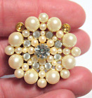 Round Pin Brooch 1 Inch Gold Faux Pearl Clear Stone