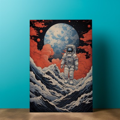 Astronaut Ukiyo-e Stil Gemälde, Mond, Weltraum Wandbild, Leinwand und Poster H39