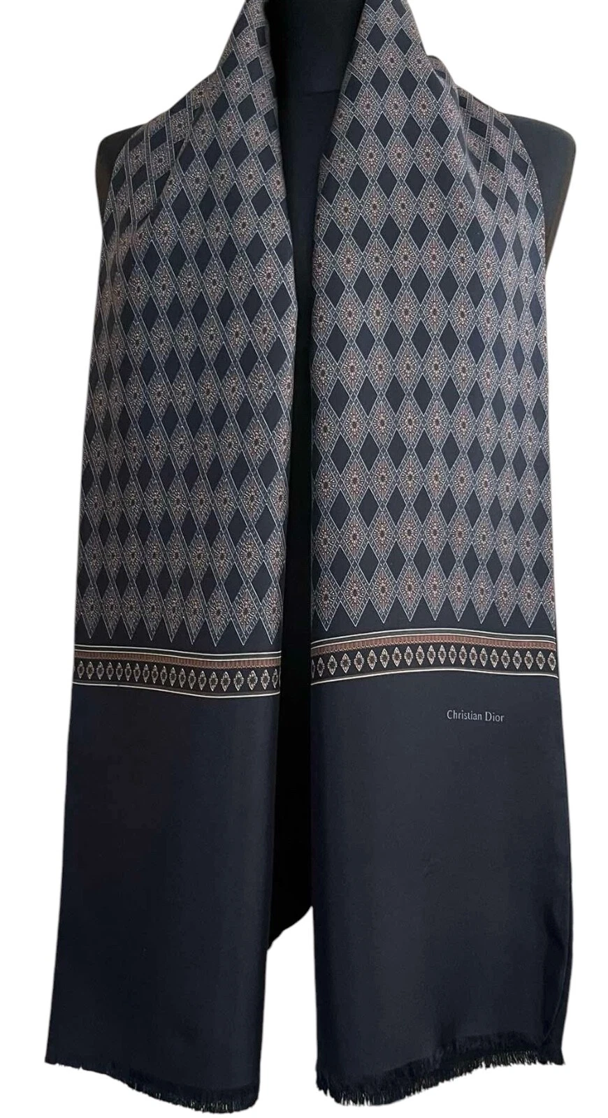 Foulard homme vintage CHRISTIAN DIOR Opera 2 couches laine soie noir motifs géométriques