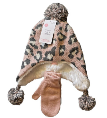 Capelli New York 2 Piece Hat and Mitten Set NWT Size 2T-4T Leopard Print Hat Pom