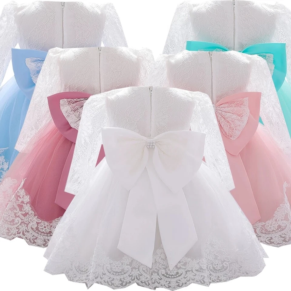 Newborn Long Sleeve Baby Girls Dress Party Wedding Bow Lace Infant Baptism Dress - Image 4 of 4