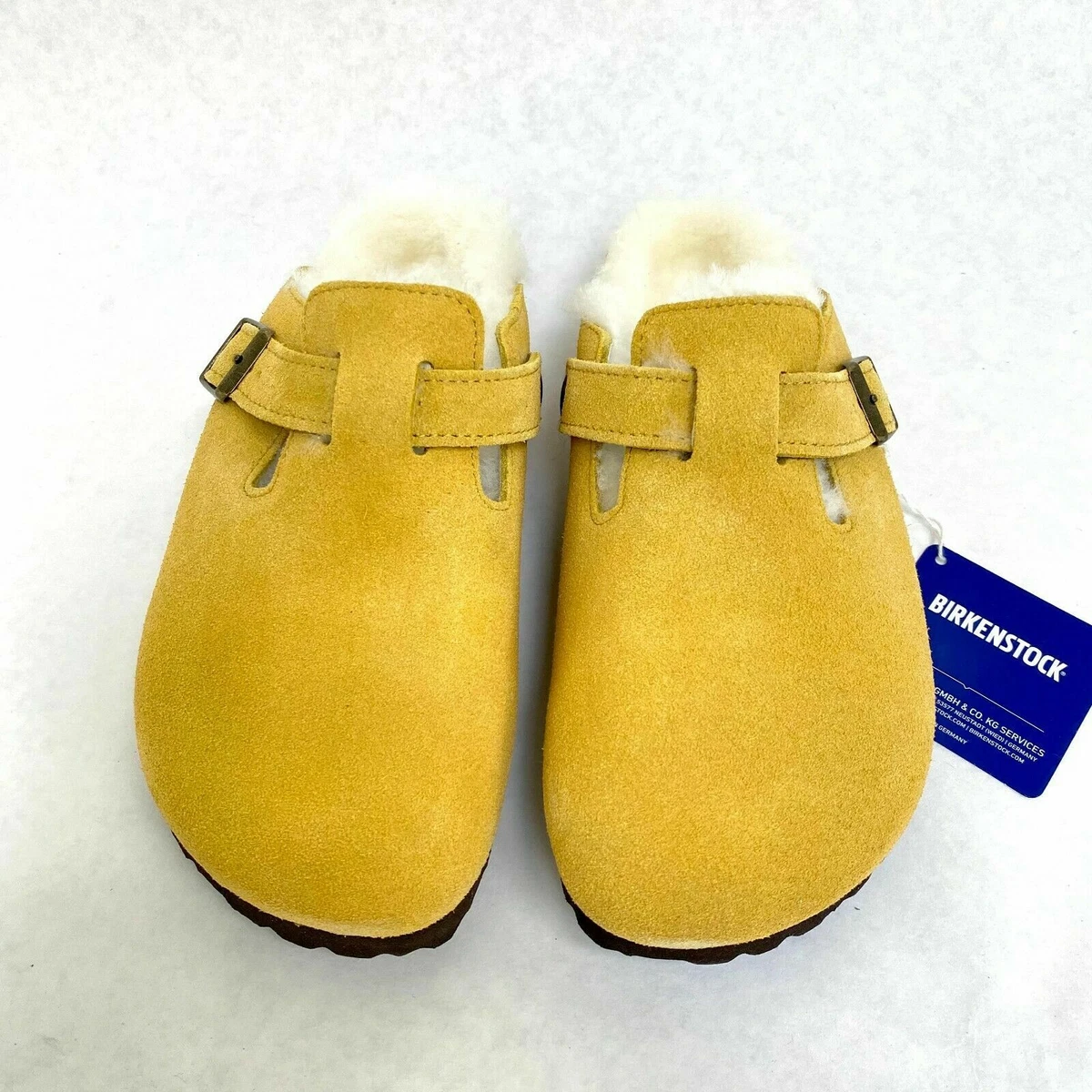 New with Box Birkenstock Boston Shearling Ochre Beige Clogs Narrow