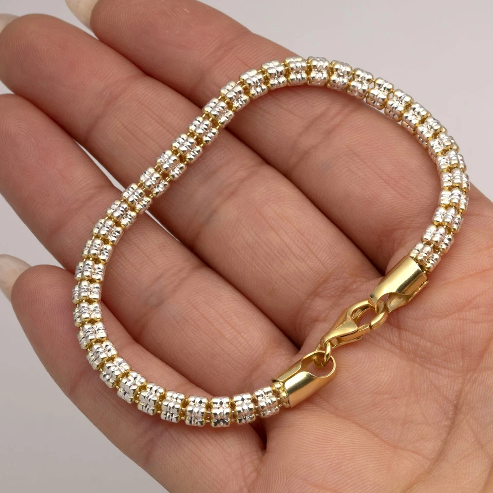 Pulseira de corrente de elos de gelo de dois tons 5 mm banhada a ouro amarelo 14K prata 925 Itália
