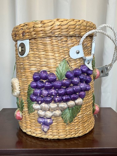 Gewebter Strohkorb Box Handtasche Bast Blumen Früchte Korbgeflecht Vintage - Bild 2 von 7