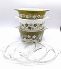 Vintage Pyrex Spring Blossom Crazy Daizy Green/White Casseroles W/Lids 3-Pc Set