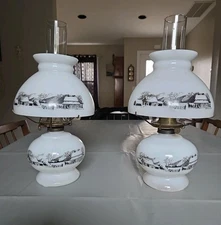 Currier and Ives Oil Lamp Pair 