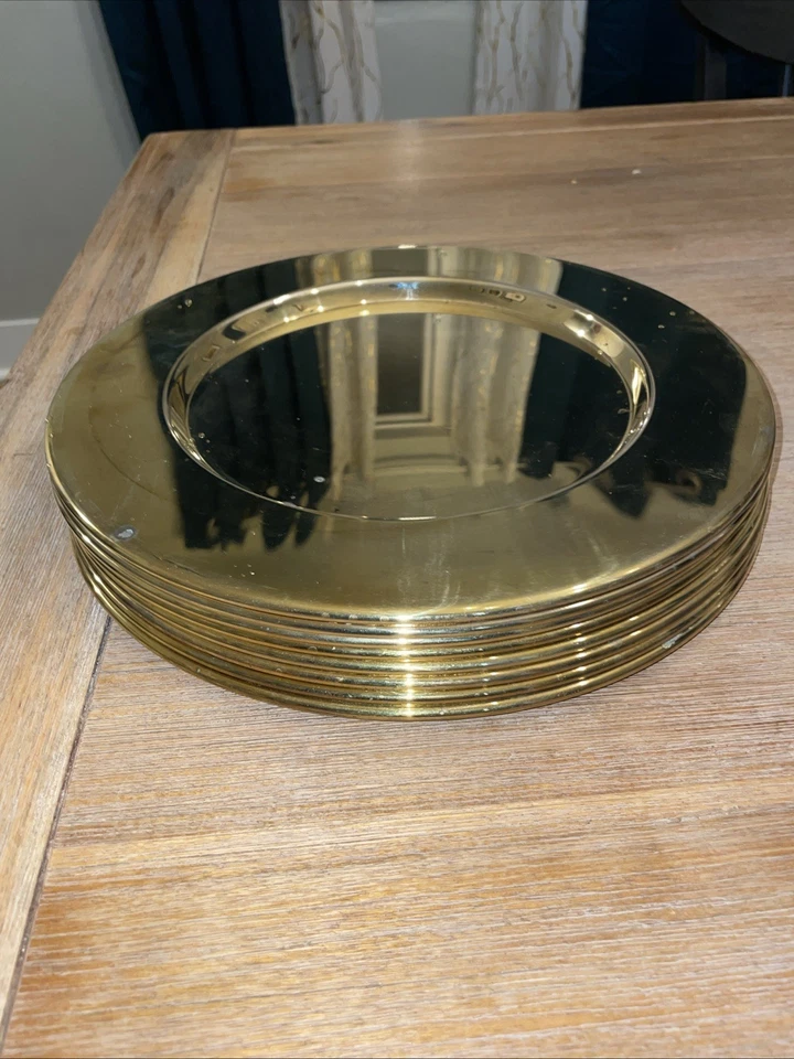 "Juego de 8 platos de cena apilables vintage enchapados en latón Hong Kong 11,5""" Foto 2 de 3