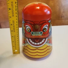 Cosco Red Dragon Rocking Tin Canister w Lid  French Truffles  Empty