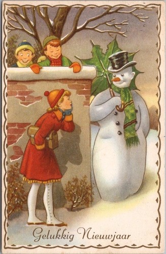 Vintage FROHES NEUES JAHR Postkarte hübsches Mädchen & SCHNEEMANN Niederlande Stempel & Stempel