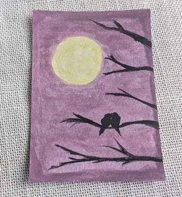 ACEO Original Painting Gouache Vögel auf Ast Silhouette Mondschein Mini Art OOAK - Bild 1 von 3